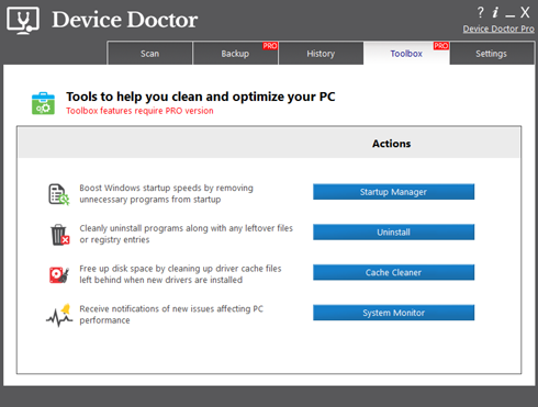 Extra management tools included with Device Doctor